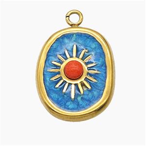 Stainless Steel Sun Pendant Pave Resin Blue Enamel Gold Plated, approx 15-19mm [SSB7654]