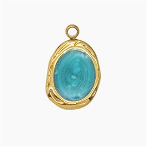Stainless Steel Oval Pendant Green Enamel Gold Plated, approx 11-14.5mm [SSB7666]