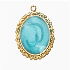 Stainless Steel Oval Pendant Green Enamel Gold Plated, approx 18-23mm [SSB7685]