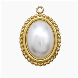 Stainless Steel Oval Pendant Pave Pearlized Resin Gold Plated, approx 15-18mm [SSB7695]
