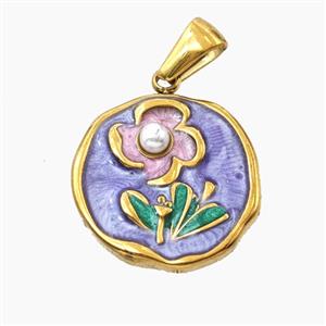 Stainless Steel Flower Pendant Enamel Purple Gold Plated, approx 18mm [SSB8355]