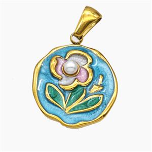 Stainless Steel Flower Pendant Enamel Gold Plated, approx 17-18mm [SSB8358]