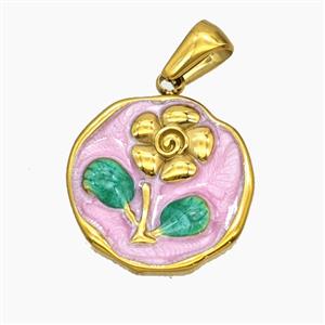 Stainless Steel Flower Pendant Enamel Pink Gold Plated, approx 18mm [SSB8359]