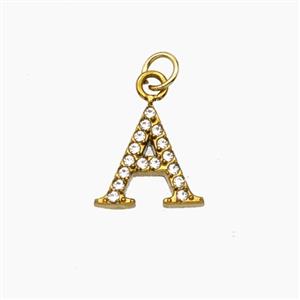 Stainless Steel Letter-A Pendant Pave Rhinestone Gold Plated, approx 10mm [SSB8377]