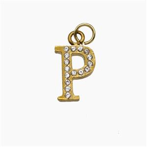 Stainless Steel Letter-P Pendant Pave Rhinestone Gold Plated, approx 10mm [SSB8392]