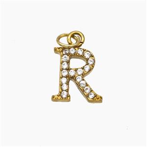 Stainless Steel Letter-R Pendant Pave Rhinestone Gold Plated, approx 10mm [SSB8394]