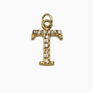 Stainless Steel Letter-T Pendant Pave Rhinestone Gold Plated, approx 10mm [SSB8396]