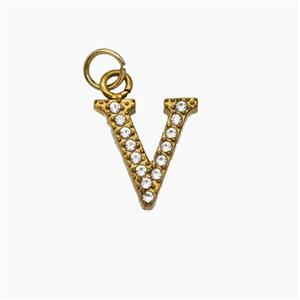 Stainless Steel Letter-V Pendant Pave Rhinestone Gold Plated, approx 10mm [SSB8398]