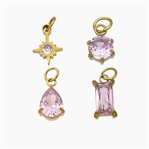 Stainless Steel Pendant Pendant Pave Pink Crystal Glass Gold Plated Mixed, approx 6mm, 8mm, 7-12mm [SSB8412]