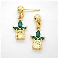 Copper Pineapple Stud Earrings Pave Zirconia Gold Plated, approx 10-14mm, 5mm [FD20281]