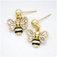 Copper Honeybee Stud Earrings Pave Zirconia Gold Plated, approx 12-14mm, 5mm [FD20287]