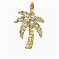 Copper Coconut Tree Pendant Pave Zirconia Pearlized Resin Palm Gold Plated, approx 15-18mm [FD20641]