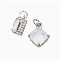 Copper Square Pendant Pave Zirconia White Crystal Glass Platinum Plated, approx 8-11mm [FD21238]
