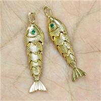 Copper Fish Pendant Pave Zirconia Gold Plated, approx 9.5-33mm [FD22266]