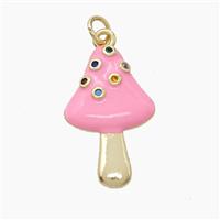 Copper Mushroom Pendant Pave Zirconia Pink Enamel Gold Plated, approx 15-24mm [FD22729]