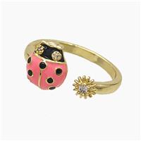 Copper Ladybug Rings Pave Zirconia Pink Enamel Gold Plated, approx 5mm, 9-11mm, 18mm dia [FD23083]