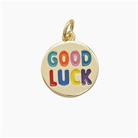 Copper GOODLUCK Pendant Multicolor Enamel Gold Plated, approx 13.5mm [FD23161]
