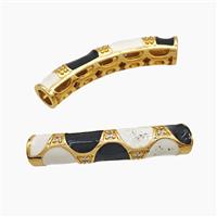 Copper Tube Beads Pave Zirconia White Black Enamel Curving Large Hole Gold Plated, approx 7-38mm, 5mm hole [FD23244]