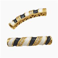 Copper Tube Beads Pave Zirconia White Black Enamel Large Hole Curving Gold Plated, approx 7-38mm, 5mm hole [FD23251]