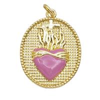 Copper Sacred Heart Pendant Pink Enamel Oval Gold Plated, approx 20-23mm [FD25533]