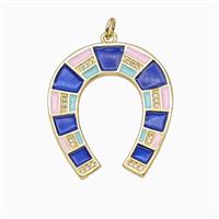 Copper Horse-Shoe Pendant Pave Zirconia Blue Enamel Gold Plated, approx 27-32mm [FD26226]