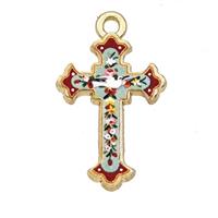 Alloy Cross Pendant Flower Painted Gold Plated, approx 15-21mm [FD27316]