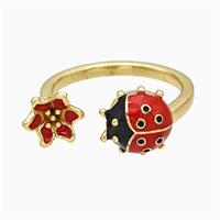 Copper Ladybug Flower Rings Red Enamel Gold Plated, approx 8mm, 10mm, 18mm dia [FN20146]