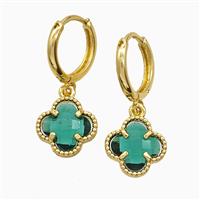 Copper Clover Hoop Earrings Pave Green Crystal Glass Gold Plated, approx 12mm, 14mm dia [FN51607]