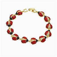 Copper Ladybug Bracelet Pave Zirconia Red Enamel Gold Plated, approx 11mm, 18cm length [FN51827]