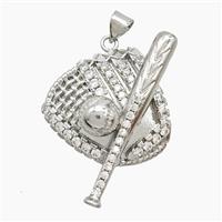 Baseball Bat Gloves Charms Copper Pendant Pave Zirconia Platinum Plated, approx 25-30mm [FN53145]