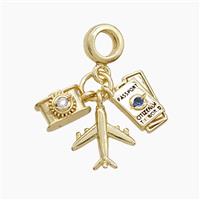 Copper Airplane And Passpord Camera Pendant Pave Zirconia Gold Plated, approx 7-12mm, 7mm dia [FN53323]