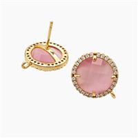Copper Circle Stud Earrings Pave Zirconia Pink Jadeite Glass Gold Plated, approx 15mm [FN55109]