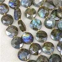 Natural Labradorite Coin Beads Faceted Circle, approx 15mm [GB23200]
