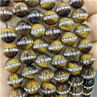 Natural Tiger Eye Stone Round Beads Pave Rhinestone, approx 10mm [GB24059]