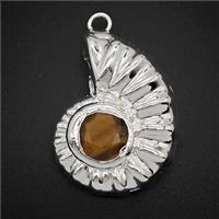 Copper Spiral Shell Pendant Pave Tigereye Hollow Shiny Silver, approx 26-33mm [GM25992]