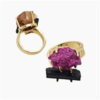 Copper Rings With Black Tourmaline Ruby Gold Plated, approx 8-15mm, 18mm dia [GM26041]