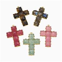 Natural Gemstne Cross Pendant Gold Plated Mixed, approx 25-35mm [GM26509]