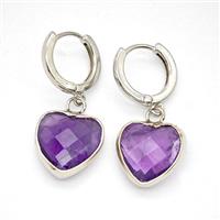 Purple Amethyst Copper Hoop Earrings Heart Platinum Plated, approx 14mm, 14mm dia [GR10919]