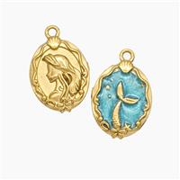 Stainless Steel Mermaid Pendant Green Enamel Gold Plated, approx 12-16mm [SSB7667]